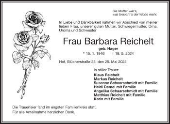 Traueranzeige von Barbara Reichelt von Frankenpost