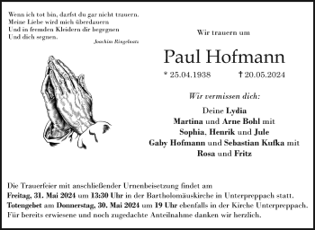 Traueranzeige von Paul Hofmann von Neue Presse Coburg