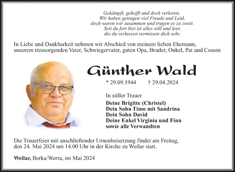  Traueranzeige für Günther Wald vom 18.05.2024 aus Südthüringer Presse