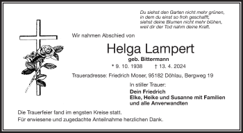 Traueranzeige von Helga Lampert von Frankenpost