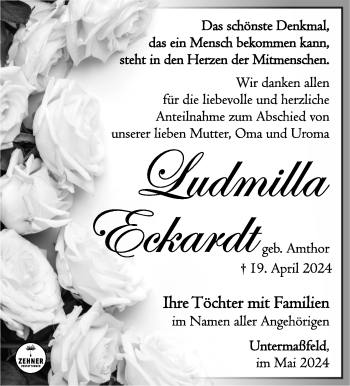 Traueranzeige von Ludmilla Eckardt von Südthüringer Presse