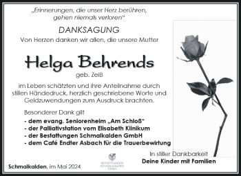 Traueranzeige von Helga Behrends von Südthüringer Presse