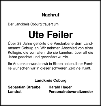 Traueranzeige von Ute Feiler von Neue Presse Coburg