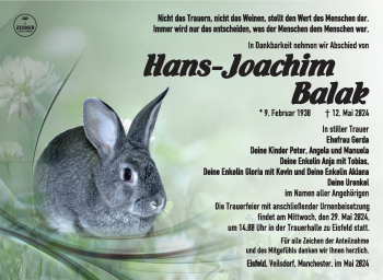 Traueranzeige von Hans-Joachim Balak von Südthüringer Presse