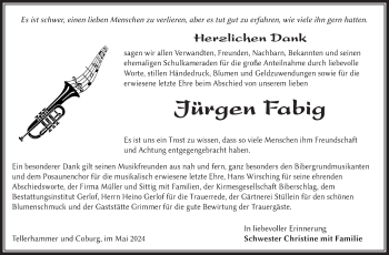 Traueranzeige von Jürgen Fabig von Südthüringer Presse