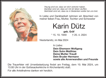 Traueranzeige von Karin Düthz von Frankenpost