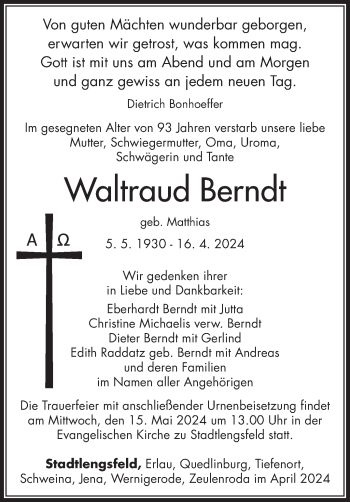 Traueranzeige von Waltraud Berndt von Südthüringer Presse