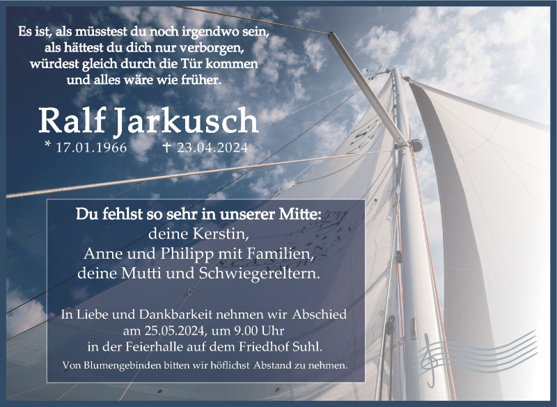  Traueranzeige für Ralf Jarkusch vom 04.05.2024 aus Südthüringer Presse