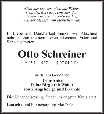 Traueranzeige von Otto Schreiner von Südthüringer Presse