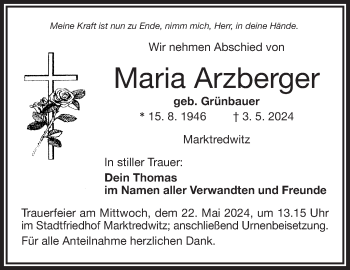 Traueranzeige von Maria Arzberger von Frankenpost
