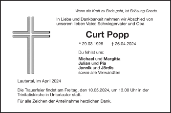 Traueranzeige von Curt Popp von Neue Presse Coburg