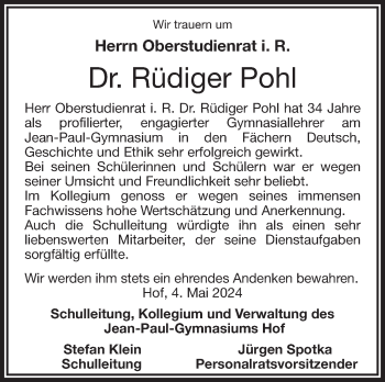 Traueranzeige von Rüdiger Pohl von Frankenpost
