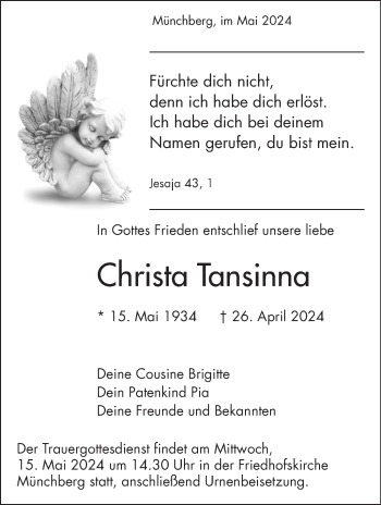 Traueranzeige von Christa Tansinna von Frankenpost