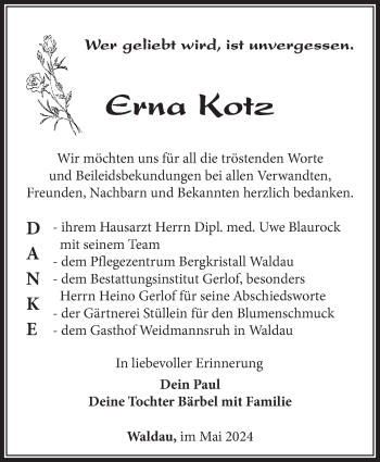Traueranzeige von Erna Kotz von Südthüringer Presse