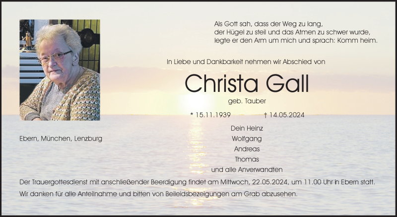  Traueranzeige für Christa Gall vom 18.05.2024 aus Neue Presse Coburg