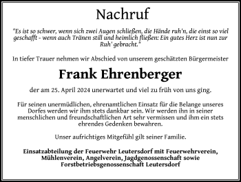 Traueranzeige von Frank Ehrenberger von Südthüringer Presse