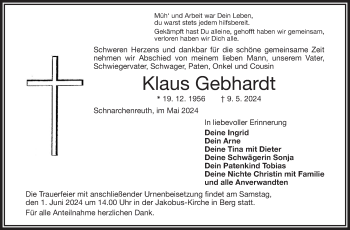 Traueranzeige von Klaus Gebhardt von Frankenpost