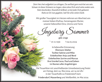 Traueranzeige von Ingeborg Sommer von Südthüringer Presse