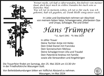 Traueranzeige von Hans Trümper von Südthüringer Presse