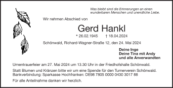 Traueranzeige von Gerd Hankl von Frankenpost