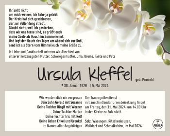 Traueranzeige von Ursula Kleffel von Südthüringer Presse