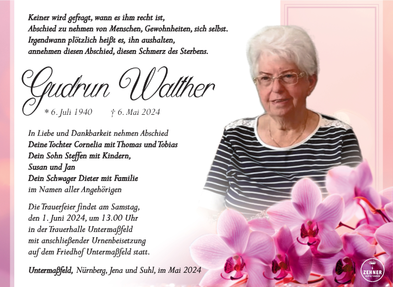  Traueranzeige für Gudrun Walther vom 15.05.2024 aus Südthüringer Presse