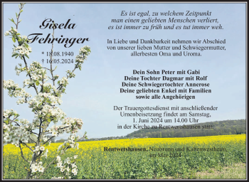 Traueranzeige von Gisela Fehringer von Südthüringer Presse