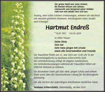 Traueranzeige von Hartmut Endreß von Südthüringer Presse