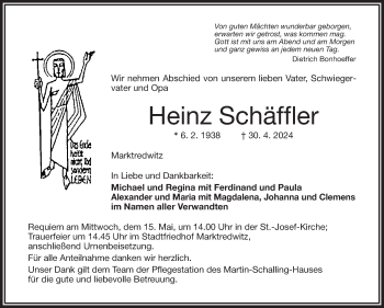 Traueranzeige von Heinz Schäffler von Frankenpost