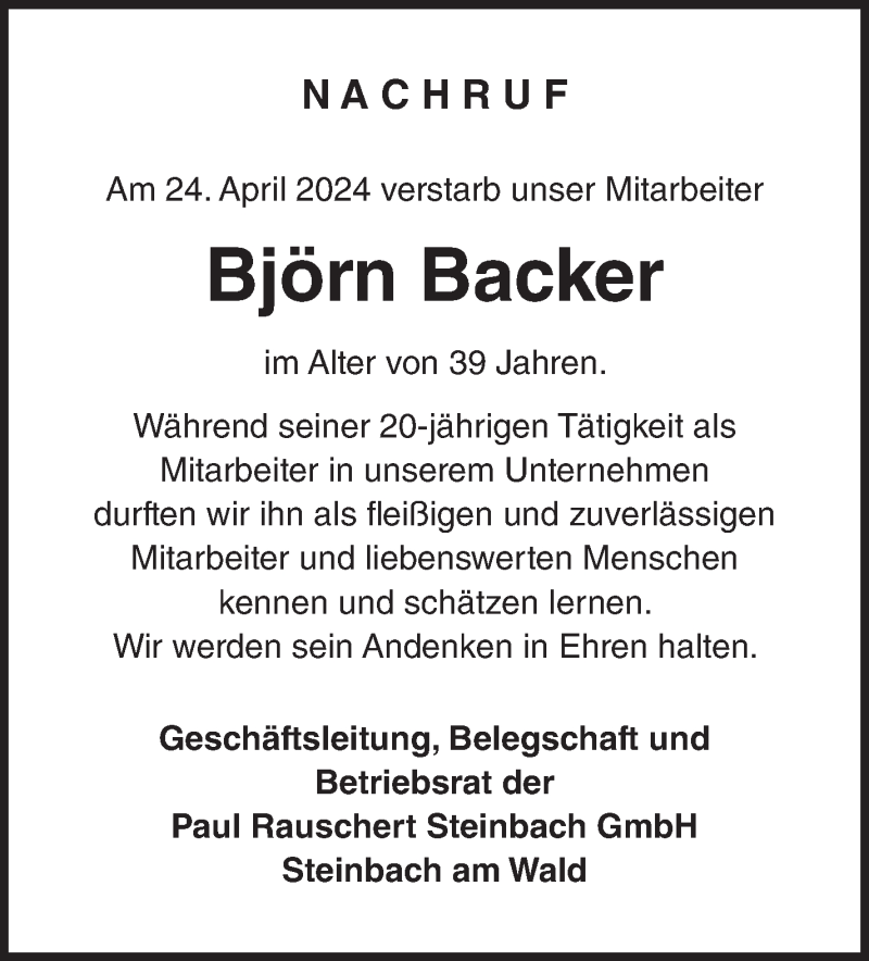  Traueranzeige für Björn Backer vom 06.05.2024 aus Neue Presse Coburg
