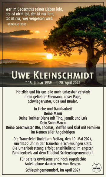 Traueranzeige von Uwe Kleinschmidt von Südthüringer Presse