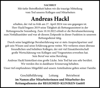 Traueranzeige von Andreas Hack von Südthüringer Presse
