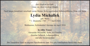 Traueranzeige von Lydia Michallek von Frankenpost