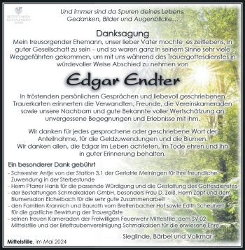 Traueranzeige von Edgar Endter von Südthüringer Presse
