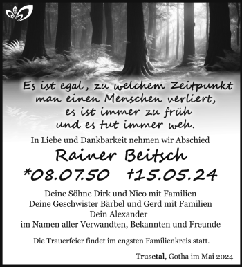 Traueranzeige von Rainer Beitsch von Südthüringer Presse