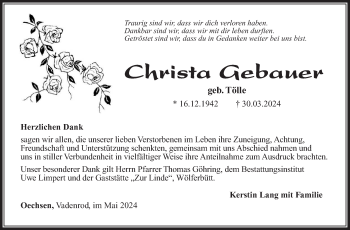 Traueranzeige von Christa Gebauer von Südthüringer Presse