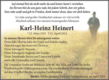 Traueranzeige von Karl-Heinz Heinert von Südthüringer Presse