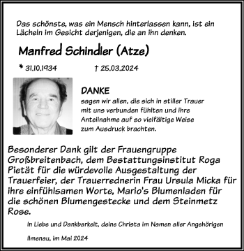 Traueranzeige von Manfred Schindler von Südthüringer Presse