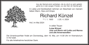 Traueranzeige von Richard Künzel von Frankenpost
