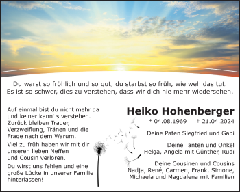 Traueranzeige von Heiko Hohenberger von Frankenpost