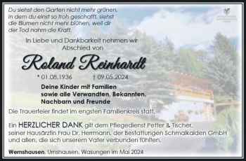 Traueranzeige von Roland Reinhardt von Südthüringer Presse