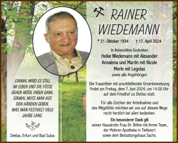 Traueranzeige von Rainer Wiedemann von Südthüringer Presse