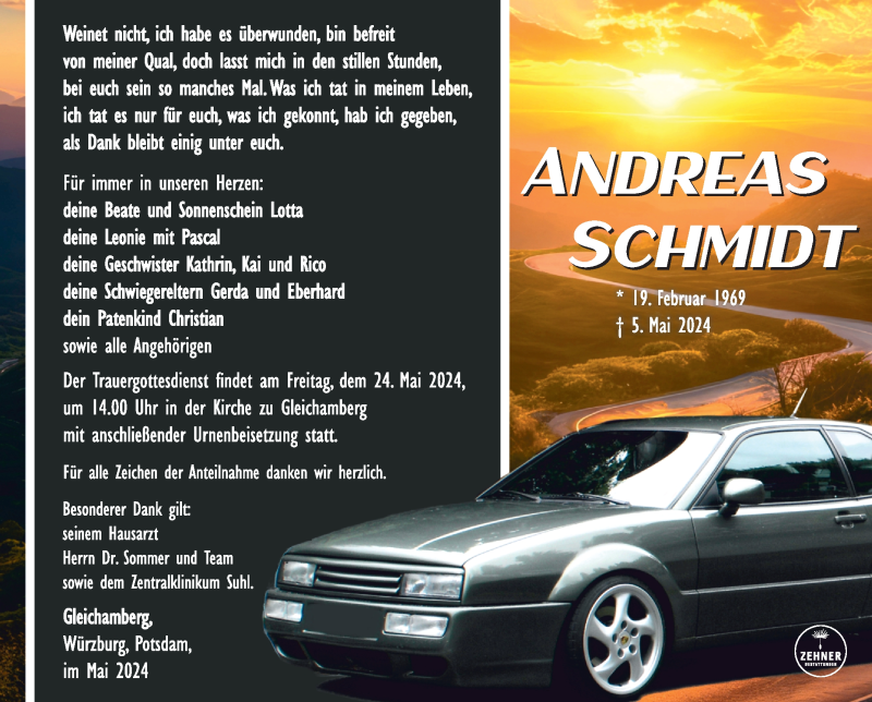  Traueranzeige für Andreas Schmidt vom 11.05.2024 aus Südthüringer Presse