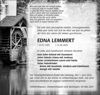 Traueranzeige von Edna Lemmert von Südthüringer Presse