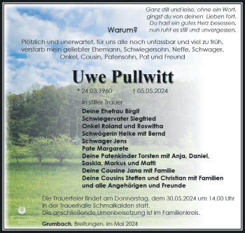 Traueranzeige von Uwe Pullwitt von Südthüringer Presse