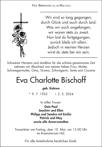 Traueranzeige von Eva Bischoff von Frankenpost