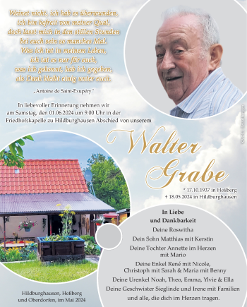 Traueranzeige von Walter Grabe von Südthüringer Presse