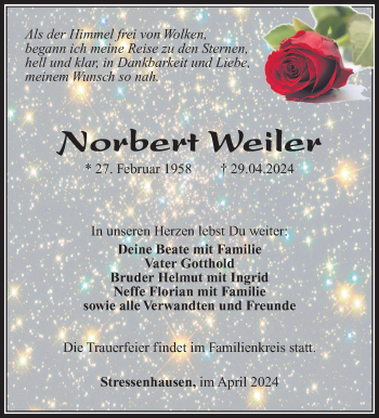 Traueranzeige von Norbert Weiler von Südthüringer Presse
