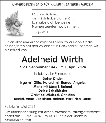 Traueranzeige von Adelheid Wirth von Frankenpost