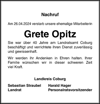 Traueranzeige von Grete Opitz von Neue Presse Coburg